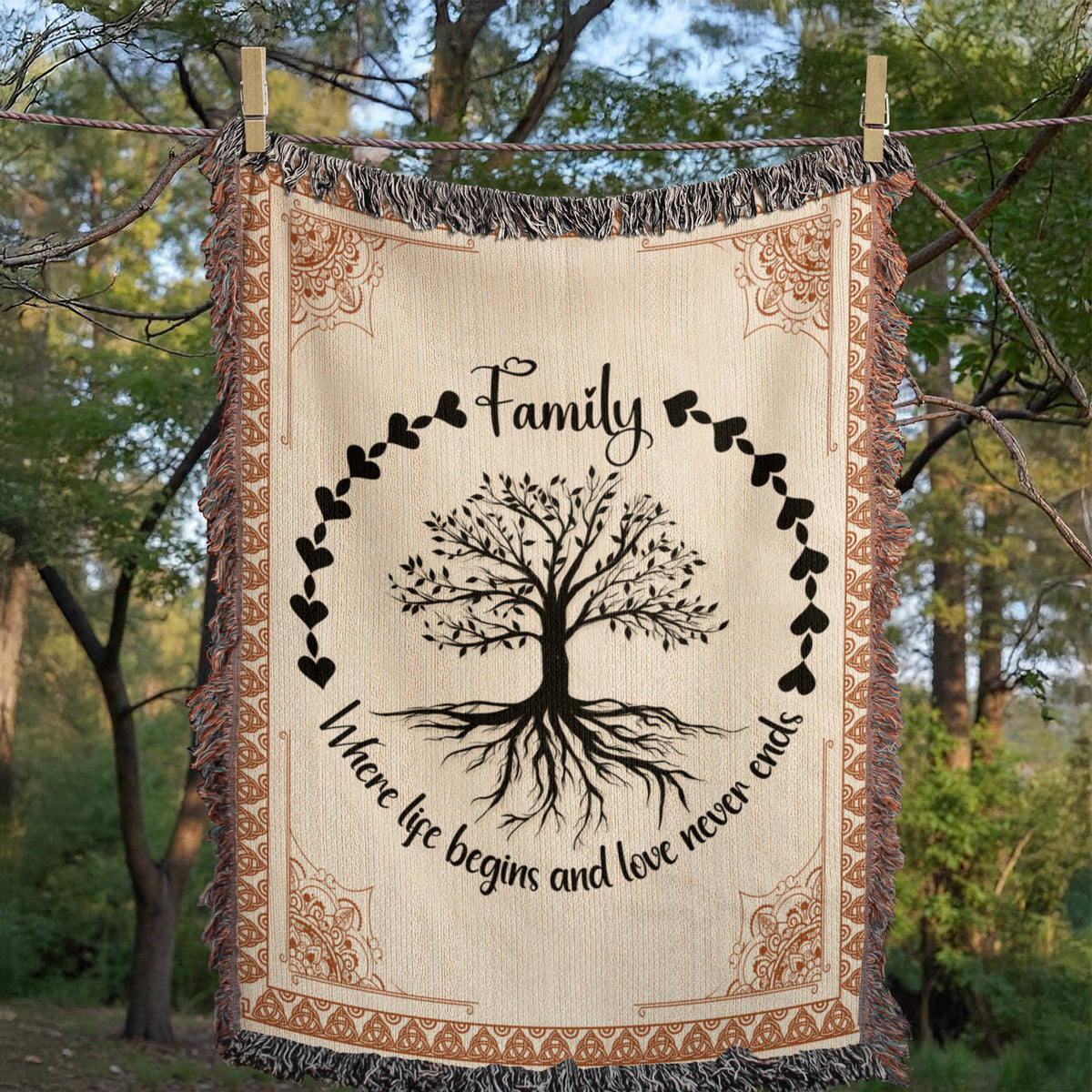 Family Roots, Celtic Tree Woven Blanket ~ woven blanket with the message woven into the cloth