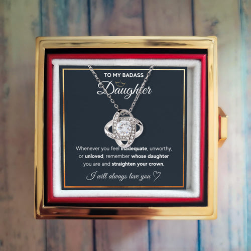 Badass Crown ~ Daughter Birthday Necklace with Rose Box ~ necklace shown with its message card in a gift box
