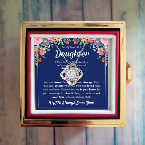 Braver Name ~ Daughter Birthday Necklace with Rose Box ~ necklace shown with its message card in a gift box