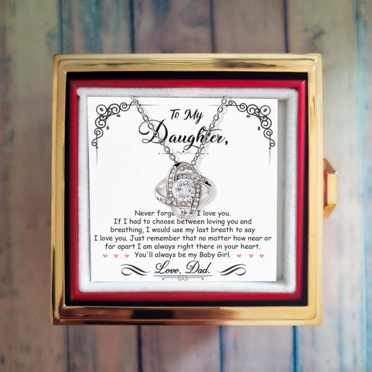 Breathing Interlocking ~ Daughter Birthday Necklace with Rose Box ~ necklace shown with its message card in a gift box