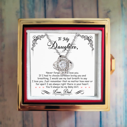Breathing Interlocking ~ Daughter Birthday Necklace with Rose Box ~ necklace shown with its message card in a gift box