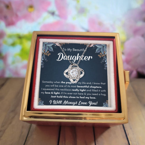 Chapters Squeezed Name ~ Daughter Birthday Necklace with Rose Box ~ necklace shown with its message card in a gift box
