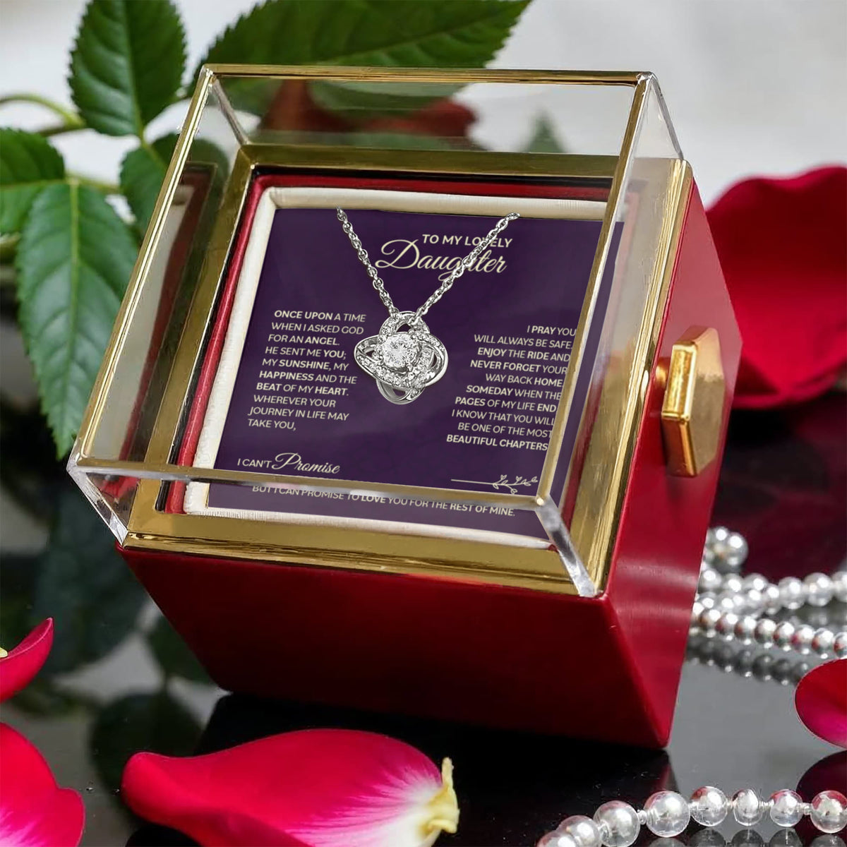Chapters Cross ~ Daughter Birthday Necklace with Rose Box ~ necklace shown with its message card in a gift box