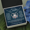 To My Sister Squeezed Love Knot Necklace Gift Set ~ necklace shown with its message card in a gift box