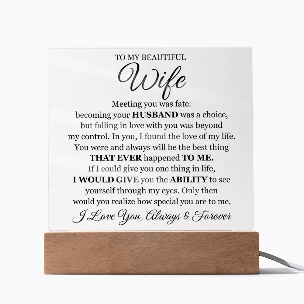 To My Beautiful Wife ~ Lighted Acrylic Plaque ~ Meeting You Was Fate ~ acrylic keepsake plaque with a printed message