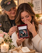 Warning: This Daughter Is Protected by a Veteran Mom ~ Love Knot Neckla ~ necklace shown with its message card in a gift box